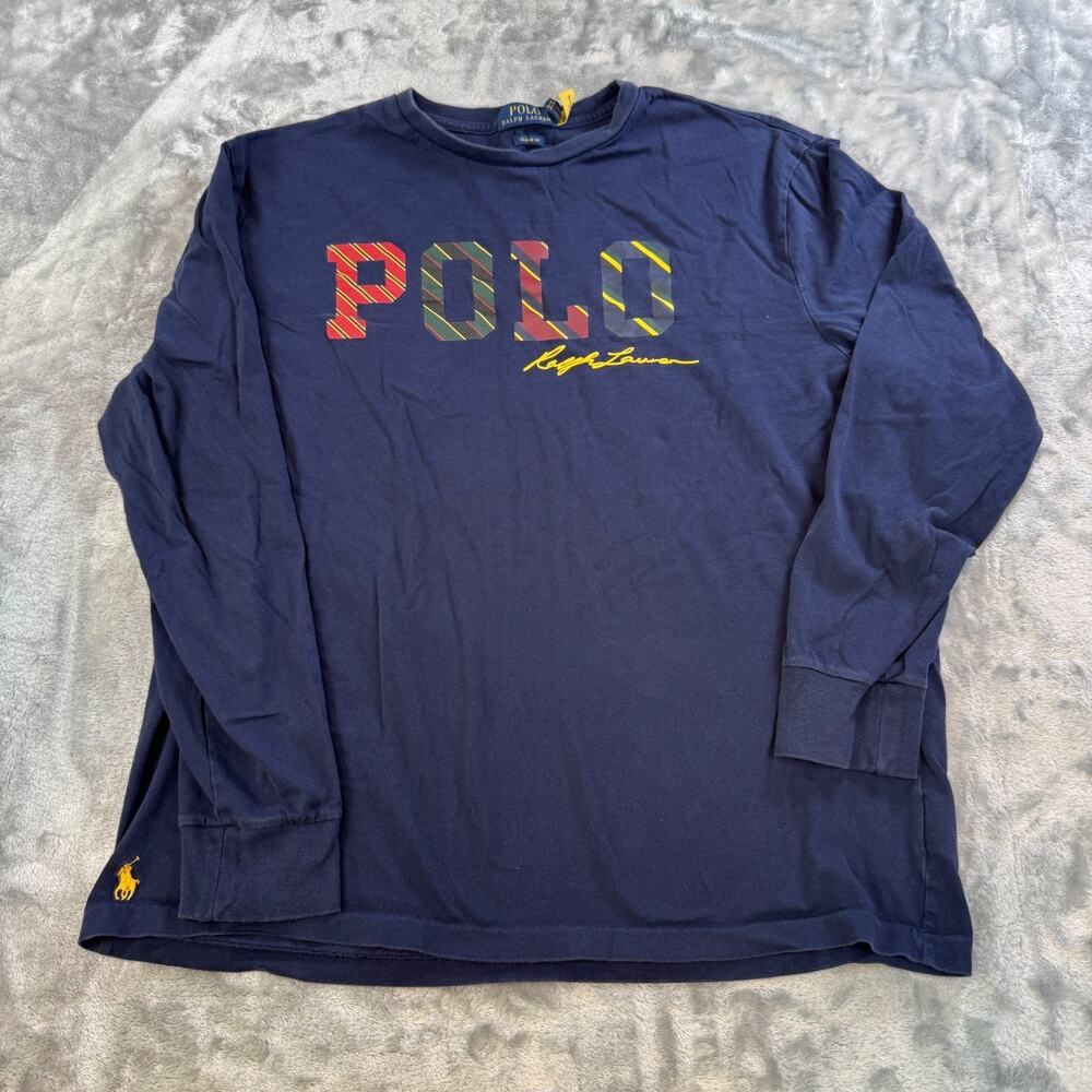 Polo Ralph Lauren Long Sleeve Shirt Mens Medium Navy Blue Plaid Graphic Logo